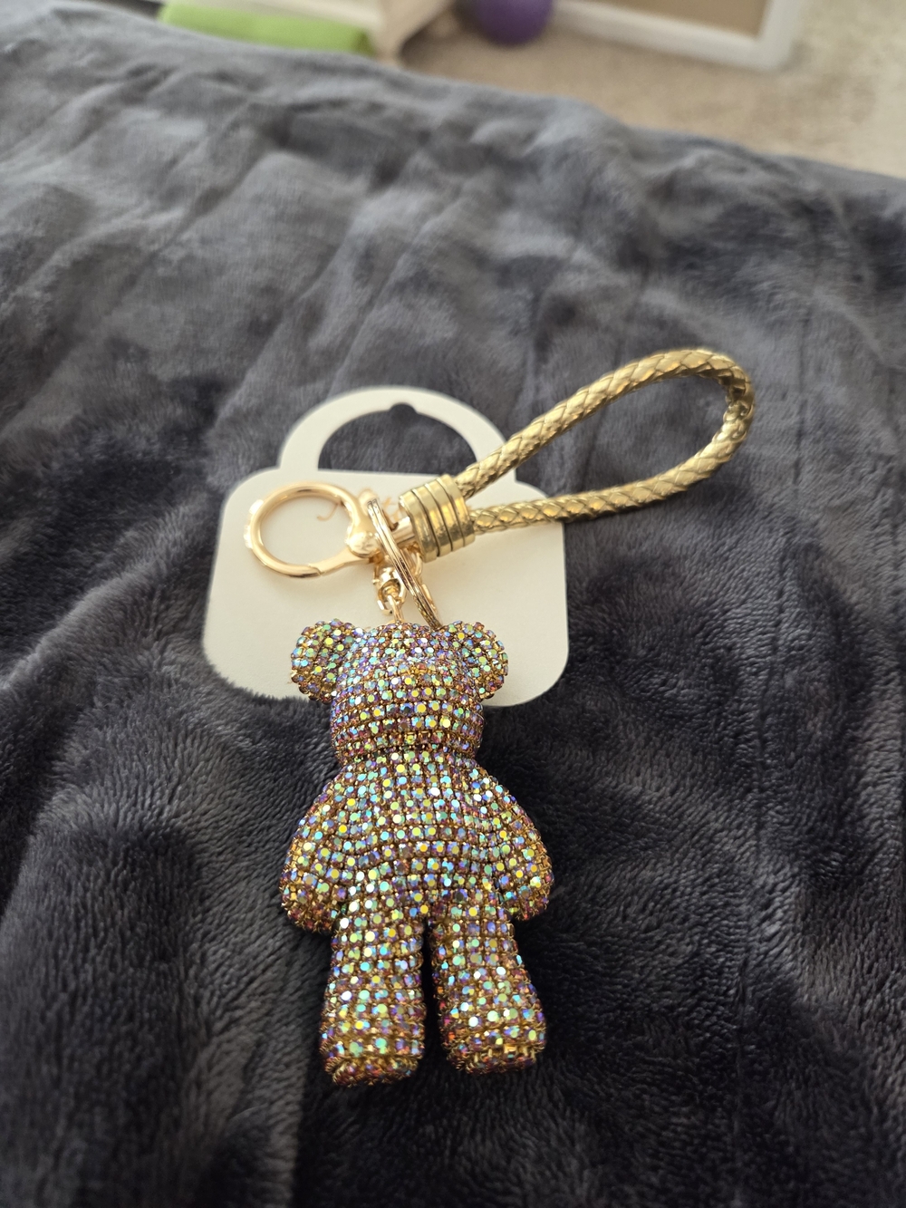 Sparkling Teddy Bear Key & Card Holder Charm in Gold